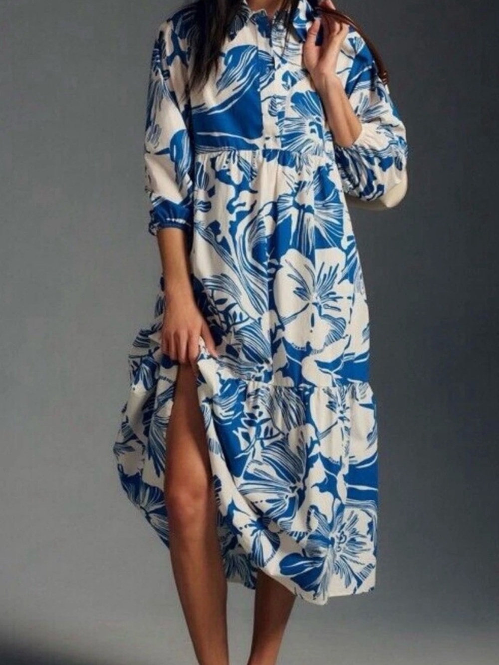 Anthropologie Blue and White Floral Maxi Dress